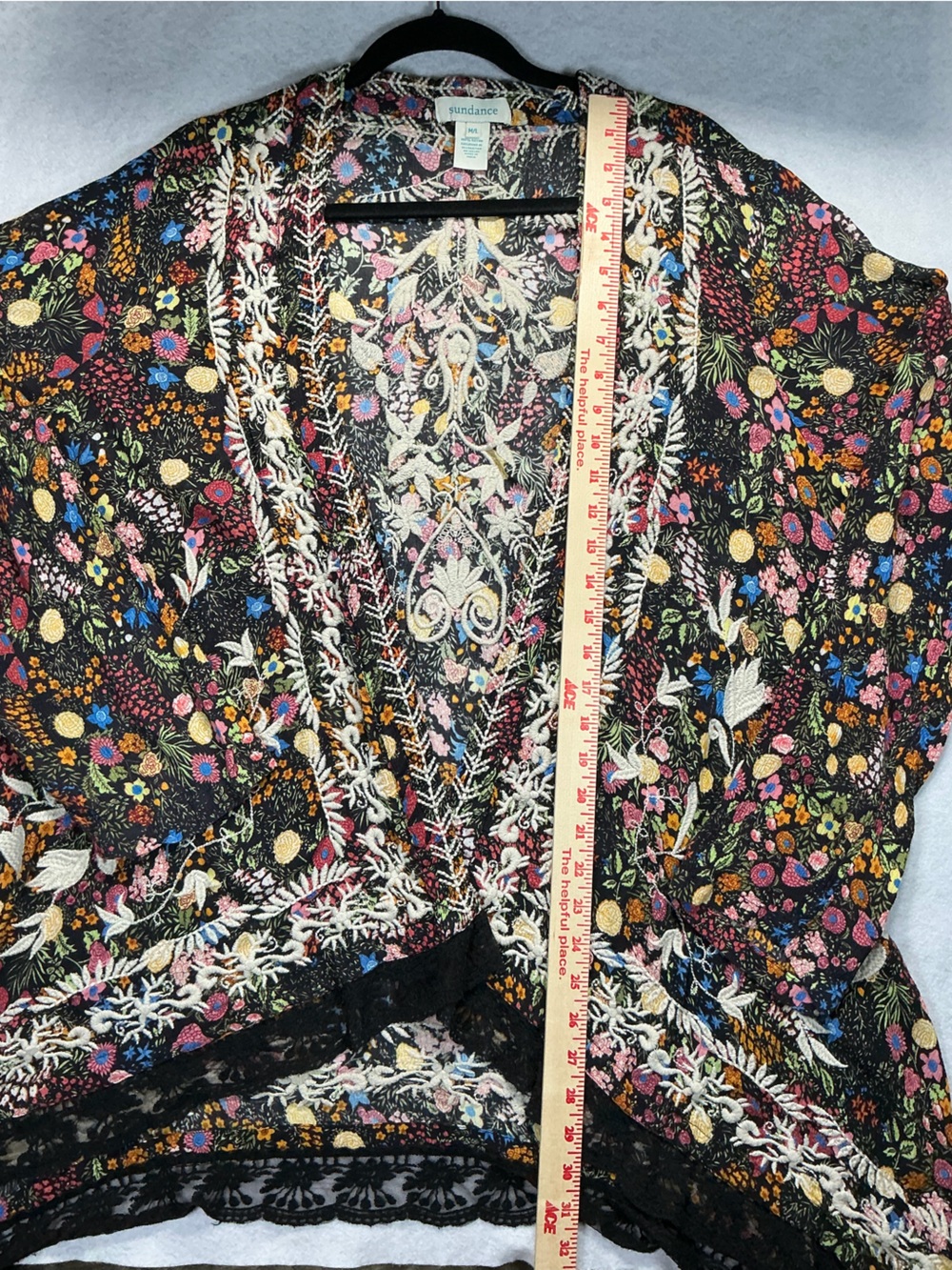 Sundance Floral Embroidered Cardigan Kimono | Boho Open Front Lace Trim | Women - Picture 7 of 11